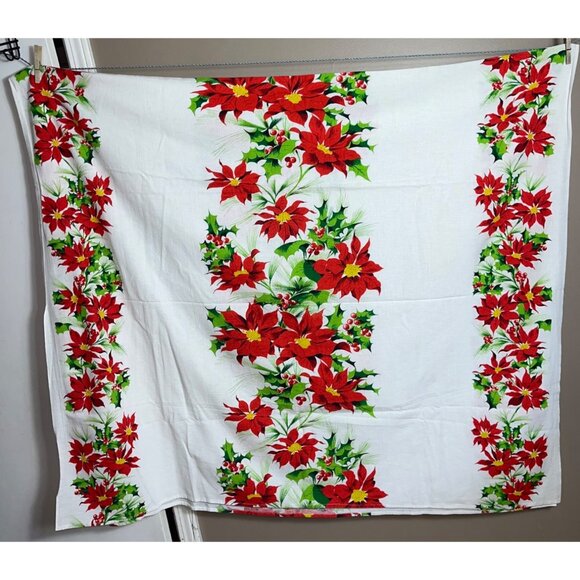 Holiday Tablecloth White Cotton Poinsettia 87x51" Christmas Dining Festive Decor - Picture 2 of 10